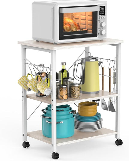 Mr IRONSTONE Baker's Rack, Kitchen Microwave Cart, Coffee Bar Table Station, 3-Tier Kitchen Utility Storage Shelf with Rolling Wheels Coffee Cart Kitchen Microwave Stand with 10 Hooks, White - LeafyLoom
