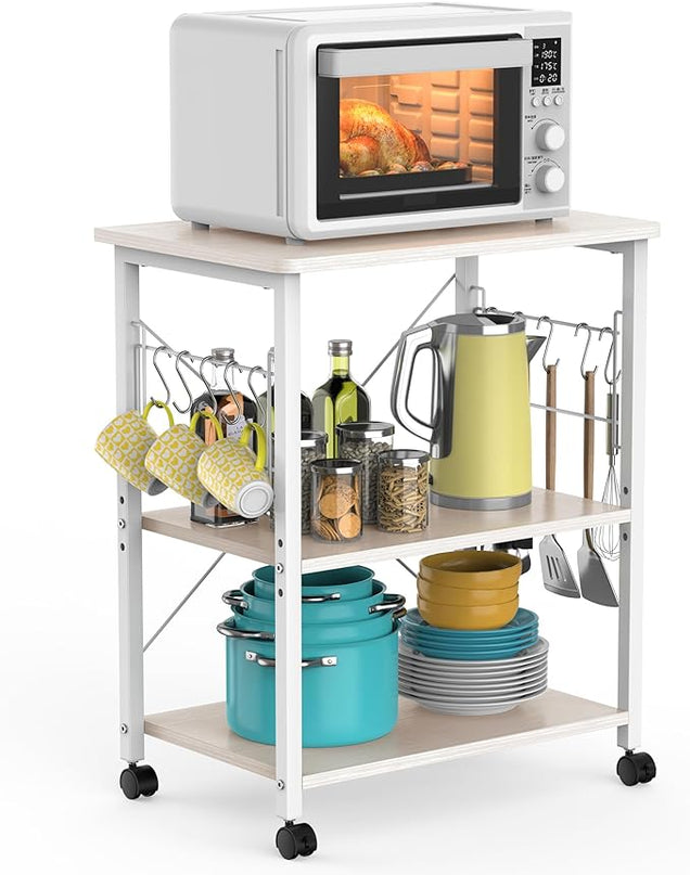 Mr IRONSTONE Baker's Rack, Kitchen Microwave Cart, Coffee Bar Table Station, 3-Tier Kitchen Utility Storage Shelf with Rolling Wheels Coffee Cart Kitchen Microwave Stand with 10 Hooks, White - LeafyLoom