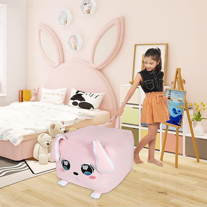Big Ear Rabbit Toy Organizers and Storage, Cute Bean Bag Chair Pink for Girls Room Decorations, Large Size 22x24 Inch Velvet Extra Soft, Cover ONLY - LeafyLoom