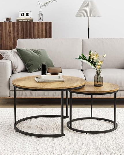 Nesting Coffee Table Set of 2, 27.6" Round Coffee Table Wood Grain Top with Adjustable Non-Slip Feet, Industrial End Table Side Tables for Living Room Bedroom Balcony Yard - LeafyLoom