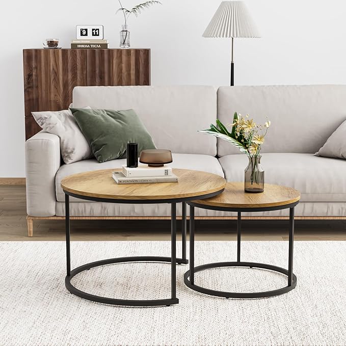 Nesting Coffee Table Set of 2, 27.6" Round Coffee Table Wood Grain Top with Adjustable Non-Slip Feet, Industrial End Table Side Tables for Living Room Bedroom Balcony Yard - LeafyLoom