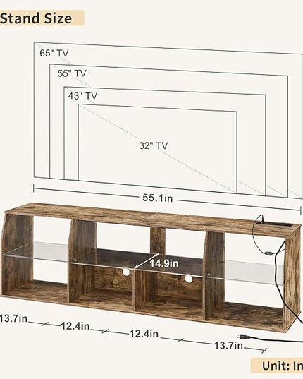 VECELO LED Gaming TV Stand with Power Outlets Television Cabinet with 7 Open Storage Shelves, Industrial Entertainment Center for Living Room and Bedroom, Light Brown, 55inch - LeafyLoom