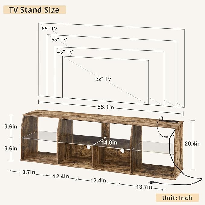 VECELO LED Gaming TV Stand with Power Outlets Television Cabinet with 7 Open Storage Shelves, Industrial Entertainment Center for Living Room and Bedroom, Light Brown, 55inch - LeafyLoom