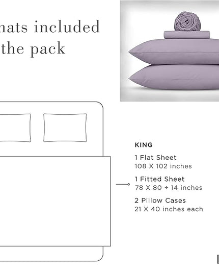 Linen Home Washed Cotton Percale King Sheet Set, Iris Lilac, Deep Pocket, 4 Pieces Bed Sheets - 1 Flat Sheet, 1 Fitted Sheet & 2 Envelope Closure Pillowcases, Cool and Comfortable Bed Linen - LeafyLoom