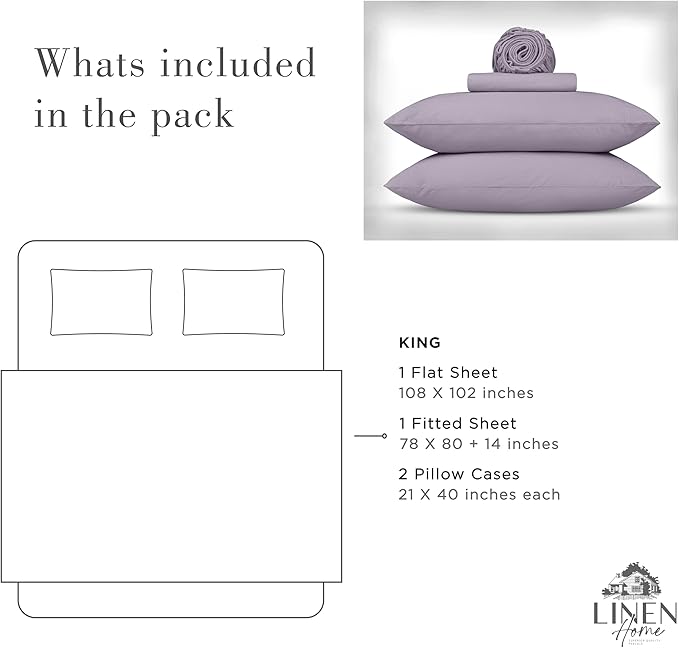 Linen Home Washed Cotton Percale King Sheet Set, Iris Lilac, Deep Pocket, 4 Pieces Bed Sheets - 1 Flat Sheet, 1 Fitted Sheet & 2 Envelope Closure Pillowcases, Cool and Comfortable Bed Linen - LeafyLoom