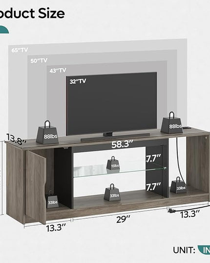 Bestier LED TV Stand with Power Outlets for 55/60/65 Inch TV, Gaming Entertainment Center with Cabinet for PS5, Modern TV Cabinet with Adjustable Glass Shelves for Living Room 58 Inch, Grey Wash - LeafyLoom