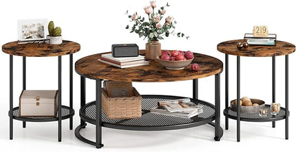 LINSY Home Round Coffee Table Set of 3 for Living Room, Industrial Coffee Table with Open Storage, Rustic Wood Surface Top & Sturdy Metal Legs Large Circle Coffee Table, Brown and Black - LeafyLoom