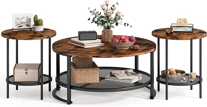 LINSY Home Round Coffee Table Set of 3 for Living Room, Industrial Coffee Table with Open Storage, Rustic Wood Surface Top & Sturdy Metal Legs Large Circle Coffee Table, Brown and Black - LeafyLoom