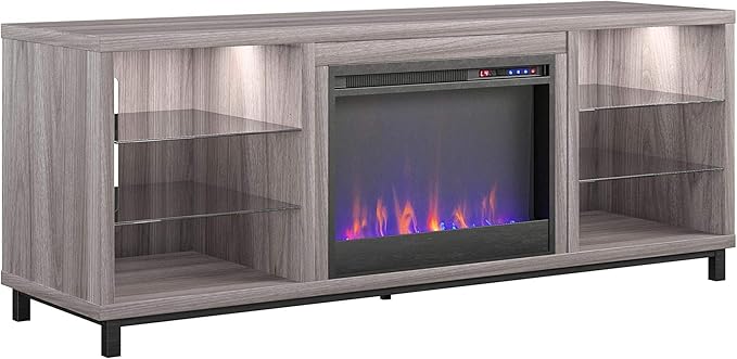 Ameriwood Home Lumina Fireplace TV Stand for TVs up to 70 Inch, Replaceable Electric Fireplace Insert Heater, Remote Control, Timer, Color Changing LED Lights, Crystal Ember Flames, Light Walnut - LeafyLoom