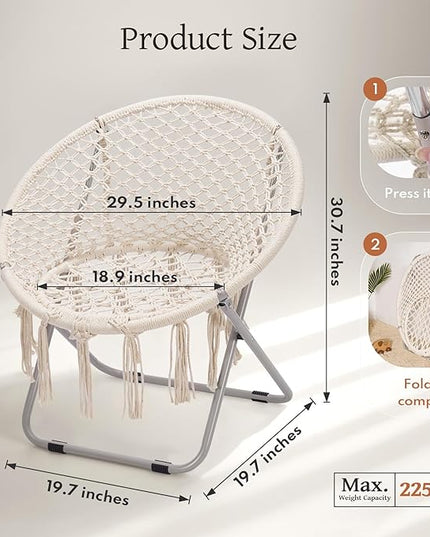 PASAMIC Boho Chair with Folding Metal Frame, 100% Cotton Handmade Round Cozy Chairs, Exquisite Comfy Chair for Bedroom, Living Room Décor Beige - LeafyLoom