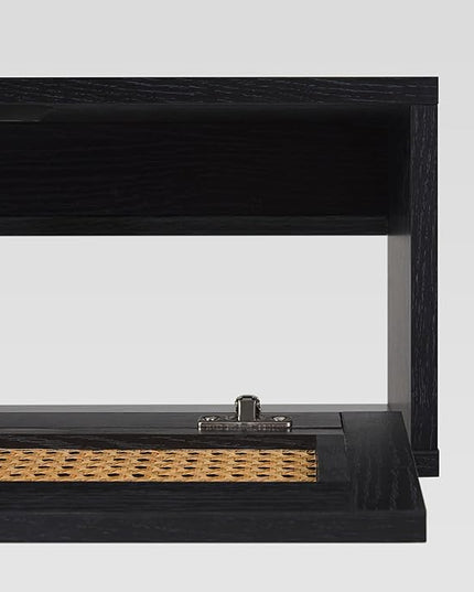 Walker Edison Modern Rattan Flip-Down-Door Wall-Mounted Floating Stand for TVs up to 65 Inche, 58 Inch, Black - LeafyLoom