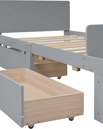 Twin Bed with 2 Drawers,Storage Platform Bed with Footboard Bench and Headboard,Pine Wood Twin Size Bed Frame High Stable for Kids,Boys,Girls,Teens, No Box Spring Needed,Grey - LeafyLoom