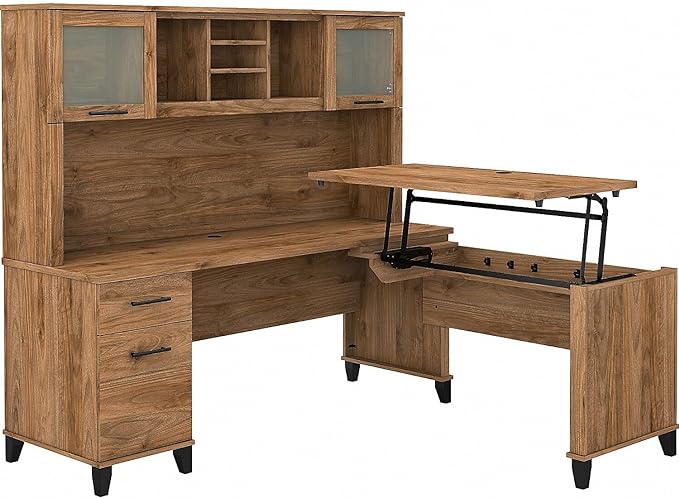Bush Furniture Somerset 3 Position Sit L Shaped Desk with Hutch | Ergonomic Height Adjustable Standing Computer/Laptop Table for Home Office, 72W, Fresh Walnut - LeafyLoom