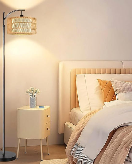 Floor Lamp for Living Room Bedroom with Remote Boho Rattan Arc Standing Lamp Dimmable Black Farmhouse Wicker Bamboo Lamp Shade Floor Light Adjustable Tall Lamp Industrial Floor Lamps Bohemian - LeafyLoom