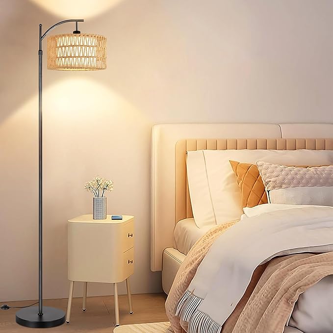 Floor Lamp for Living Room Bedroom with Remote Boho Rattan Arc Standing Lamp Dimmable Black Farmhouse Wicker Bamboo Lamp Shade Floor Light Adjustable Tall Lamp Industrial Floor Lamps Bohemian - LeafyLoom