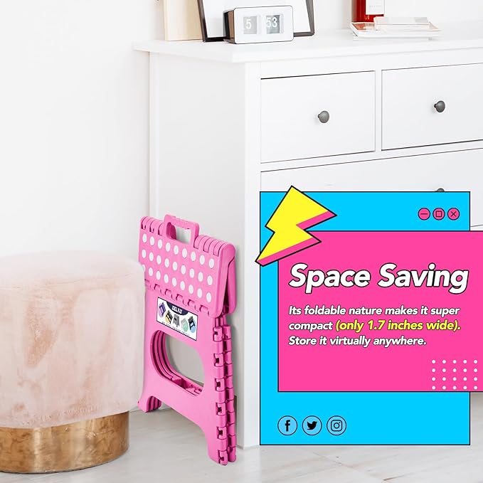 Delxo Folding Step Stool,11 Inch Non-Slip Foldable Step Stools for Kids and Adults,Portable Foldable Step Stool Lightweight Small Folding Stool with Handle for Kitchen Bathroom in Pink,1 Pack - LeafyLoom