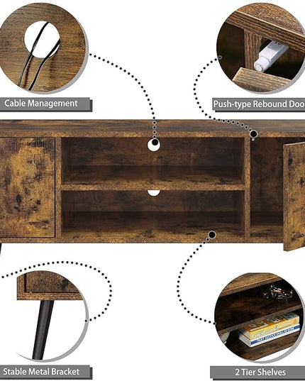 Yusong Industrial TV Stand for 55 Inch TVs,TV Bench TV Cabinet Media Cable Box Gaming Console Table with Open Shelves,Mid-Century Modern Entertainment Center for Living Room,Rustic Brown - LeafyLoom