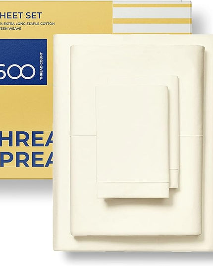 THREAD SPREAD Luxury Egyptian Cotton Sheets King Size - 600 Thread Count Sheets King 4 PC Luxury Sheets King Size, 16" Deep Pocket, Soft, Cooling Sateen Weave Hotel Luxury Bed Sheets Set - Ivory - LeafyLoom