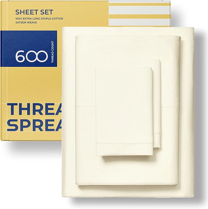 THREAD SPREAD Luxury Egyptian Cotton Sheets King Size - 600 Thread Count Sheets King 4 PC Luxury Sheets King Size, 16" Deep Pocket, Soft, Cooling Sateen Weave Hotel Luxury Bed Sheets Set - Ivory - LeafyLoom