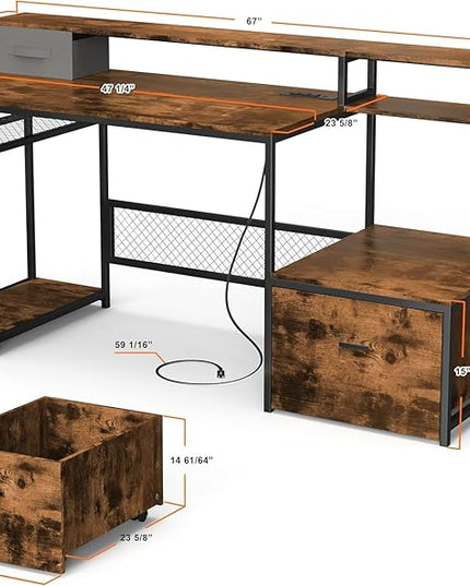 Home Office Desks with Drawers, 66'' Computer Desk with Storage, Office Desk with Monitor Stand, Work Desk with Outlets and USB, Gaming Table Desk with File Cabinet for Home Office Table, Brown - LeafyLoom