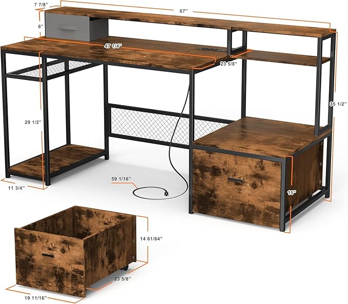Home Office Desks with Drawers, 66'' Computer Desk with Storage, Office Desk with Monitor Stand, Work Desk with Outlets and USB, Gaming Table Desk with File Cabinet for Home Office Table, Brown - LeafyLoom