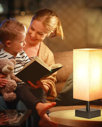 Small Table Lamp for Bedroom - Bedside Lamps for Nightstand, Minimalist Night Stand Light Lamp with Square Fabric Shade, Desk Reading Lamp for Kids Room Living Room Office Dorm - LeafyLoom