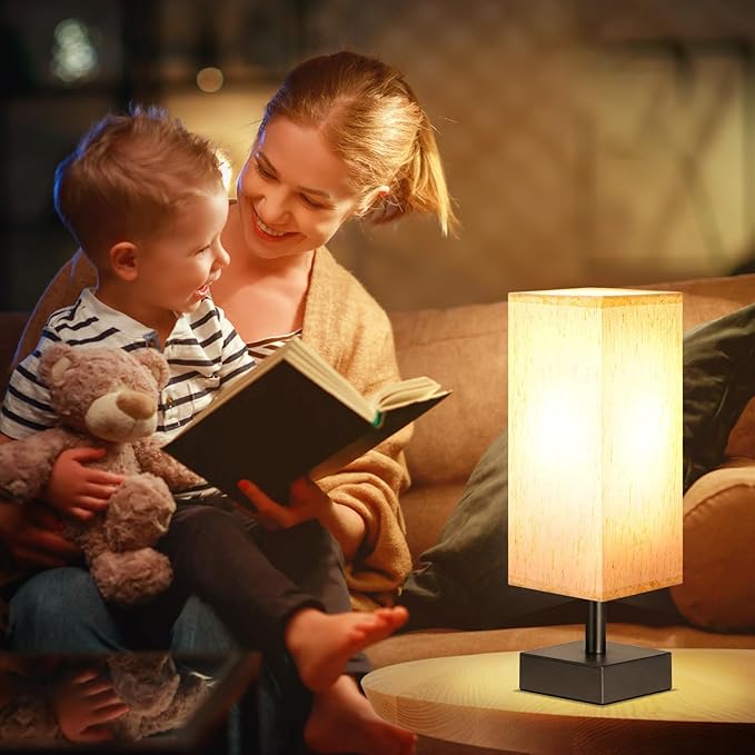 Small Table Lamp for Bedroom - Bedside Lamps for Nightstand, Minimalist Night Stand Light Lamp with Square Fabric Shade, Desk Reading Lamp for Kids Room Living Room Office Dorm - LeafyLoom