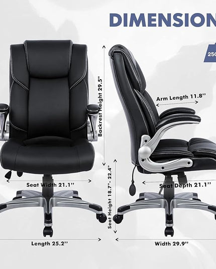 COLAMY High Back Executive Office Chair- Ergonomic Home Computer Desk Leather Chair with Padded Flip-up Arms, Adjustable Tilt Lock, Swivel Rolling Chair for Adult Working Study-Black - LeafyLoom