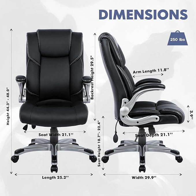 COLAMY High Back Executive Office Chair- Ergonomic Home Computer Desk Leather Chair with Padded Flip-up Arms, Adjustable Tilt Lock, Swivel Rolling Chair for Adult Working Study-Black - LeafyLoom