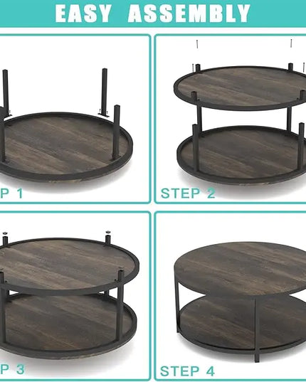 NSdirect 36 inches Round Coffee Table, Rustic Wooden Surface Top & Sturdy Metal Legs Industrial Sofa Table for Living Room Modern Design Home Furniture with Storage Open Shelf(Rustic Brown) - LeafyLoom