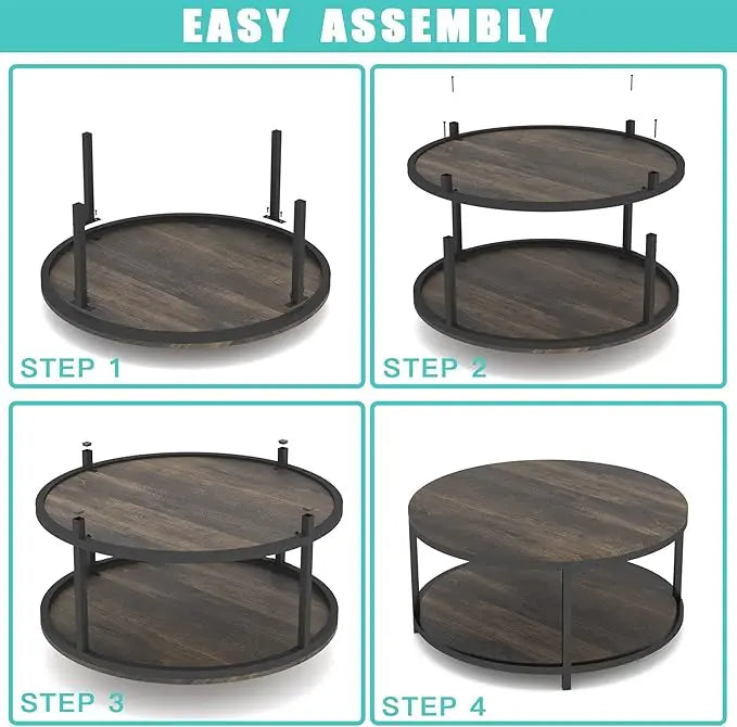 NSdirect 36 inches Round Coffee Table, Rustic Wooden Surface Top & Sturdy Metal Legs Industrial Sofa Table for Living Room Modern Design Home Furniture with Storage Open Shelf(Rustic Brown) - LeafyLoom