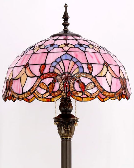 WERFACTORY Tiffany Floor Lamp Pink Baroque Stained Glass Standing Reading Light 16X16X64 Inches Antique Pole Corner Lamp Decor Bedroom Living Room Home Office S003P Series - LeafyLoom