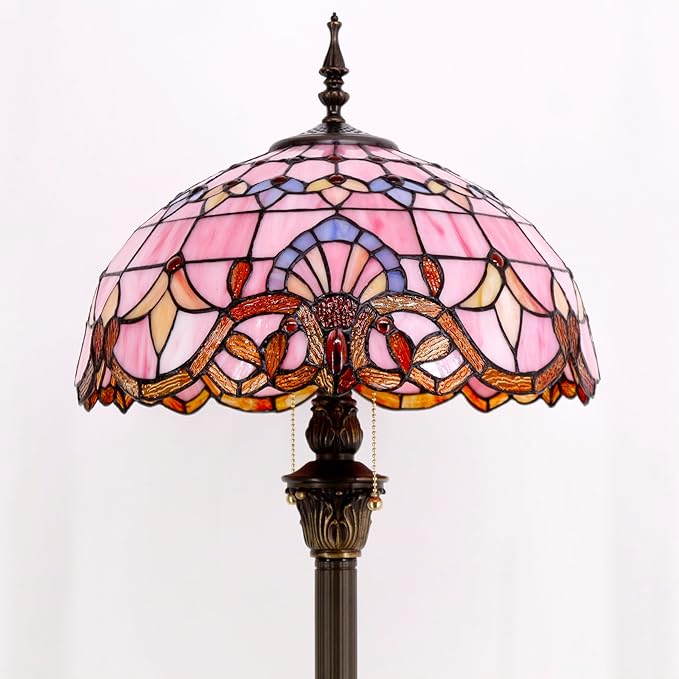 WERFACTORY Tiffany Floor Lamp Pink Baroque Stained Glass Standing Reading Light 16X16X64 Inches Antique Pole Corner Lamp Decor Bedroom Living Room Home Office S003P Series - LeafyLoom