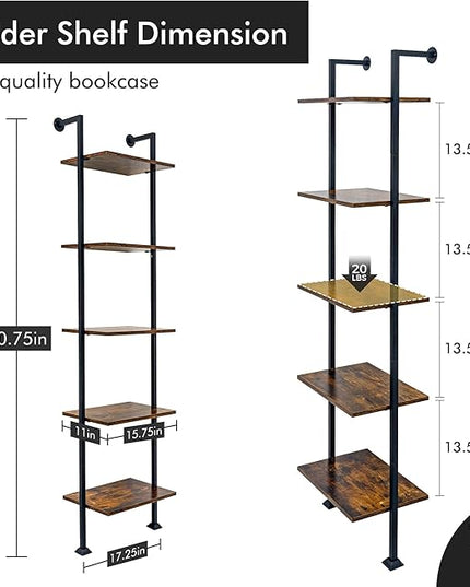 Axeman 5-Tier Ladder Shelf, Tall Narrow Bookcase for Small Spaces, Book Storage Organizer Case for Living Room, Home Office, Study, Industrial Style Black Metal Frame and Rustic Brown Shelf - LeafyLoom