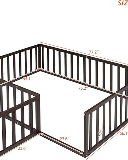 Multifunctional Full Size Floor Bed with Safety Guardrails and Door, Montessori Sturdy Solid Wood Beds Frame, Easy Assembly and No Spring Need, for Boys and Girls Room, Walnut - LeafyLoom