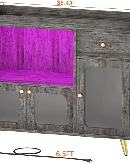 Cyclysio Sideboard Buffet Cabinet with Power Outlet, Kitchen Cabinet with LED Lights, Large Bar Cart Accent Buffet Cabinet with Door for Bedroom, Living Room, Kitchen, Hallway, Grey - LeafyLoom