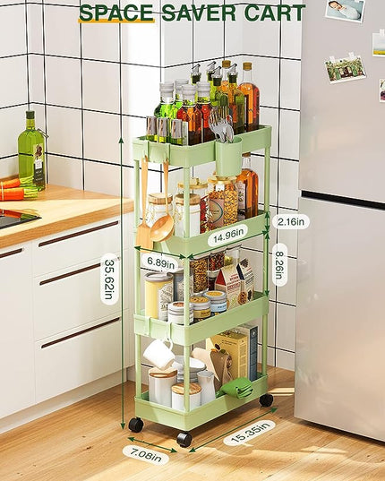 LEHOM Slim Rolling Storage Cart - 4 Tiers Bathroom Organizer Utility Cart Slide Out Storage Shelves Mobile Shelving Unit for Kitchen, Bedroom, Office, Laundry Room, Small Narrow Spaces, Green - LeafyLoom
