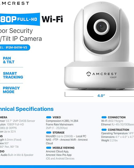 Amcrest 1080P WiFi Security Camera 2MP Indoor Pan/Tilt Wireless IP Camera, IP2M-841W (White) Amcrest