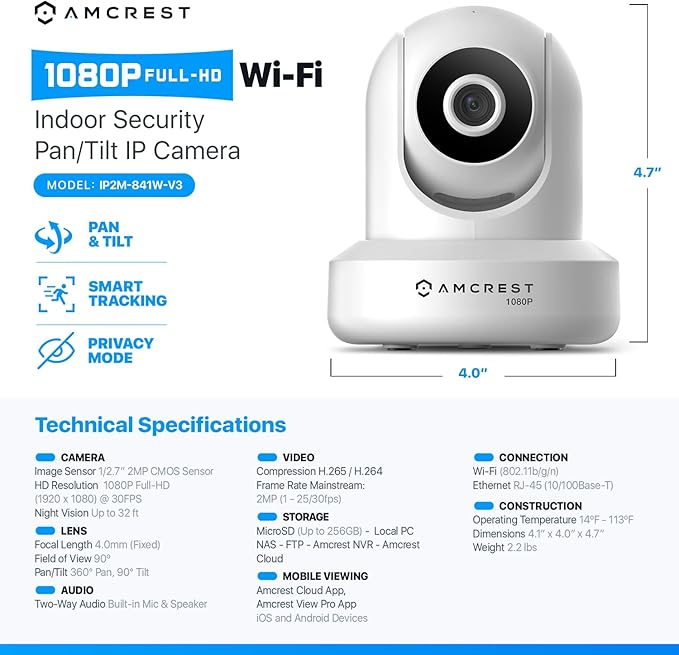 Amcrest 1080P WiFi Security Camera 2MP Indoor Pan/Tilt Wireless IP Camera, IP2M-841W (White) Amcrest