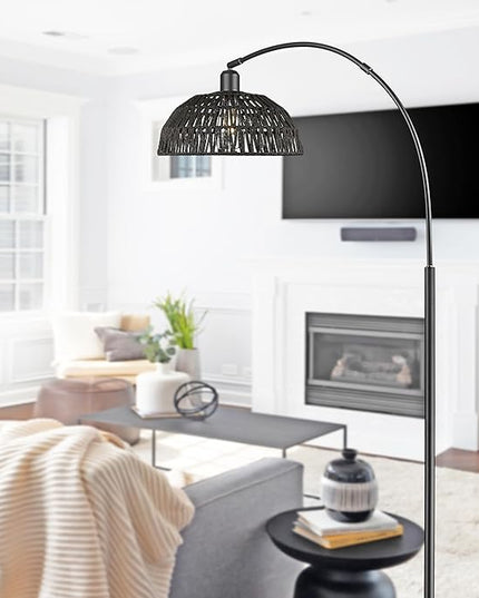 Rattan Floor Lamp, Retro Boho Arc Standing Lamp with Remote Control and Dimmable Bulb Farmhouse Bamboo Lamp Shade Floor Light Industrial Tall Lamp (Black) - LeafyLoom