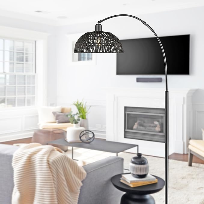 Rattan Floor Lamp, Retro Boho Arc Standing Lamp with Remote Control and Dimmable Bulb Farmhouse Bamboo Lamp Shade Floor Light Industrial Tall Lamp (Black) - LeafyLoom
