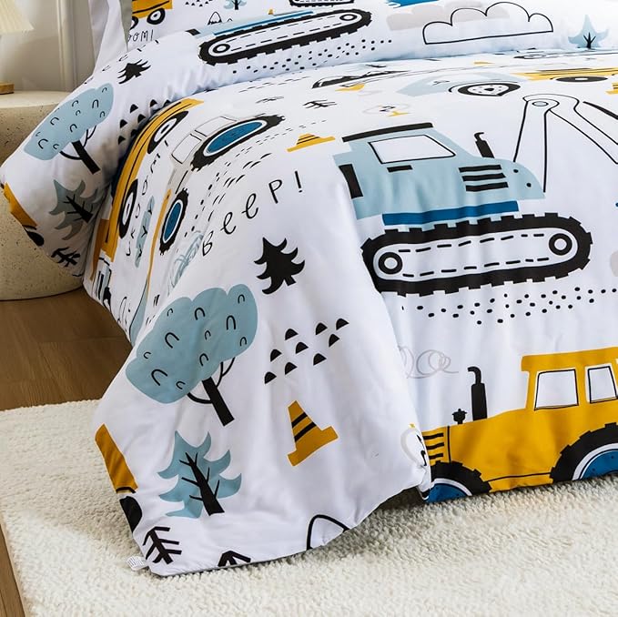 NTBED Construction Truck Twin Comforter Set for Boys Kids Forest Vehicles Excavator Tractor Lightweight Microfiber Cars Bedding Sets - LeafyLoom