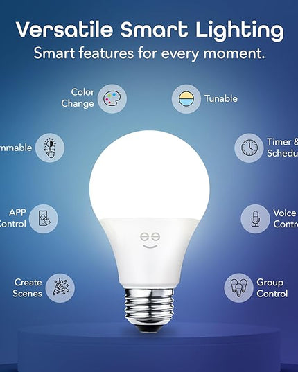 Geeni Smart Light Bulbs - Color Changing & Tunable White, Dimmable, Works with Alexa & Google Home, 2.4 GHz WiFi, A19, 800 lm, 4 Pack Geeni