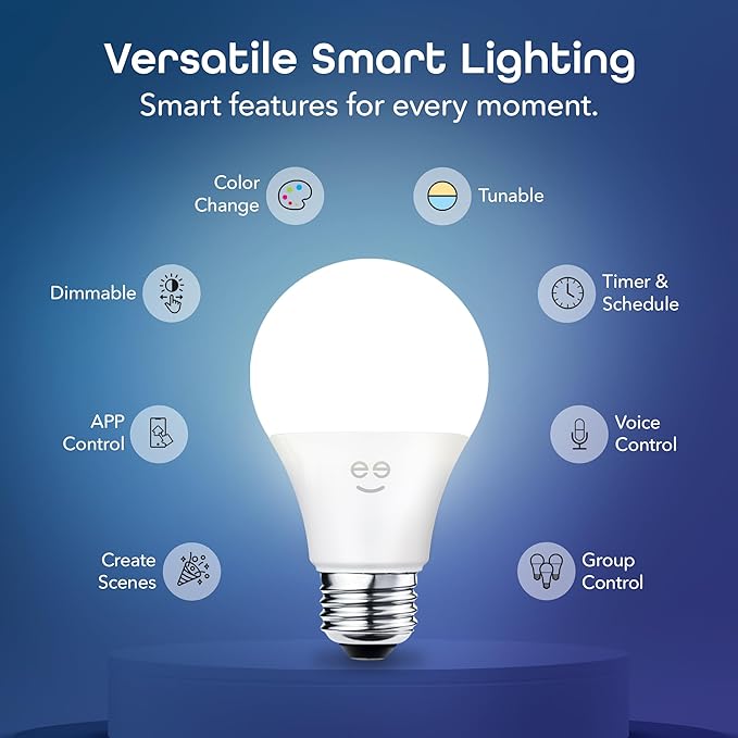 Geeni Smart Light Bulbs - Color Changing & Tunable White, Dimmable, Works with Alexa & Google Home, 2.4 GHz WiFi, A19, 800 lm, 4 Pack Geeni