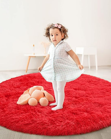 Red Round Rug for Bedroom, Super Fluffy Circle Rugs for Baby Nursery, 5'X5' Feet Furry Carpet for Children Kids Room, Cute Soft Shaggy Rug for Girls Home Decor, Fuzzy Plush Carpets for Dorm - LeafyLoom