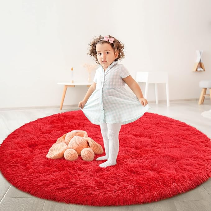 Red Round Rug for Bedroom, Super Fluffy Circle Rugs for Baby Nursery, 5'X5' Feet Furry Carpet for Children Kids Room, Cute Soft Shaggy Rug for Girls Home Decor, Fuzzy Plush Carpets for Dorm - LeafyLoom