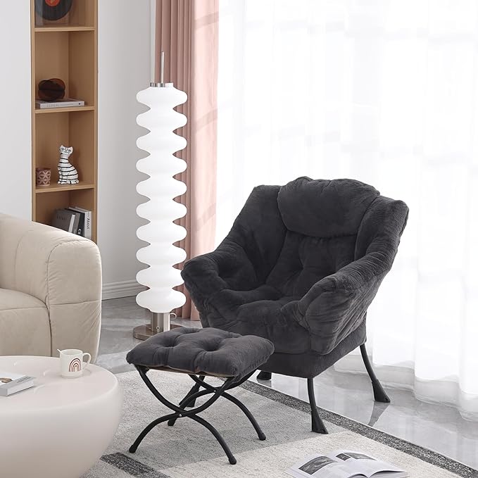Lazy Chair with Ottoman, Modern Accent Chair Contemporary Lounge Leisure Upholstered Sofa Chair Set with Armrests, Reading Chair for Living Room, Bedroom, Office, Plush Navy - LeafyLoom