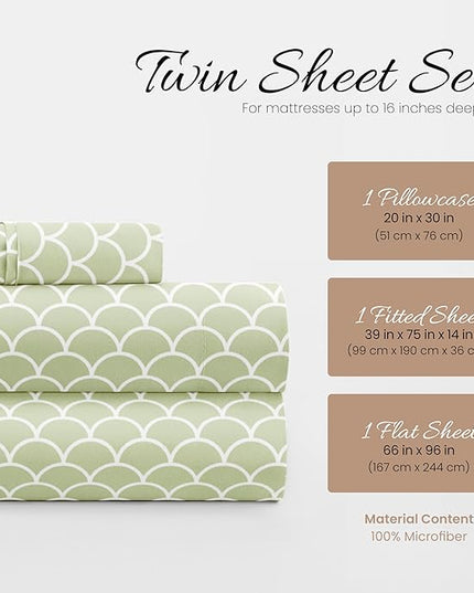 3 Piece Twin Bedding Sheet Set (Sage Scallops) - Sleep Better Than Ever with These Ultra-Soft & Cooling Bed Sheets for Your Twin Size Bed - Deep Pocket Fits 16" Mattress - LeafyLoom