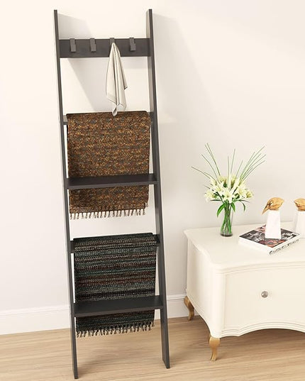 IBUYKE 5-Tier Blanket Ladder Shelf,Ladder Rack for Storage and Decor,Wooden Blanket Holder with Hooks,Easy Assembly for Bedroom,Rustic Brown TTR006B - LeafyLoom