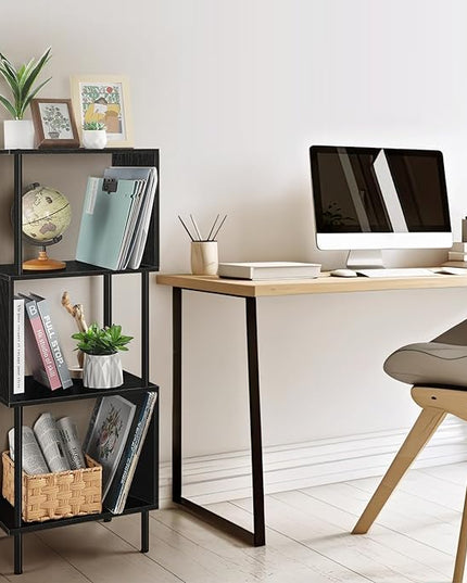 ETELI Small Bookshelf Unique S Shaped 4 Shelf Bookcase Free Standing Industrial Book Storage Shelves for Living Room, Bedroom, and Home Office, Rustic Book Organizer & Metal Frame - LeafyLoom
